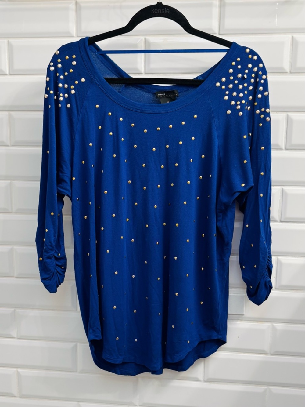 Grace Elements Women’s Medium Gold Studded Blue Ruched Long Sleeve Blouse